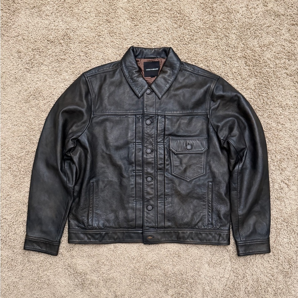 NWT Lucky Brand Men's Leather Trucker Jacket Size Large Brown Black MSRP $499